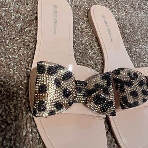 Wild Diva Nude Jelly Slide Sandals with Leopard Rhinestone Bow